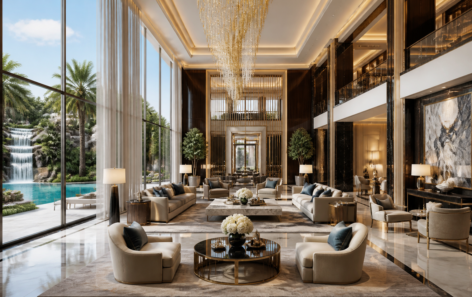 The performance-inspired lobby at BRABUS Island Baku. Modern luxury lobby of BRABUS Island Baku featuring performance design cues